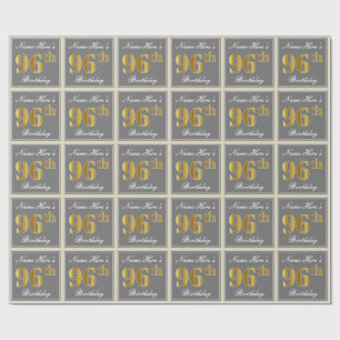 Elegant, Grey, Faux Gold 96th Birthday + Name Wrapping Paper