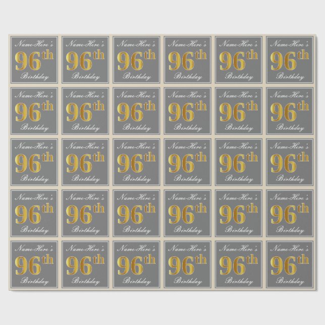 Elegant, Grey, Faux Gold 96th Birthday + Name Wrapping Paper (Flat)