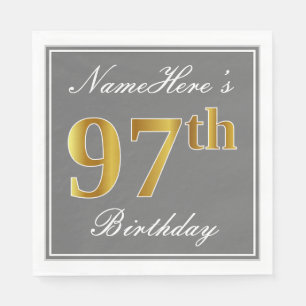 Elegant Grey, Faux Gold 97th Birthday; Custom Name Napkin