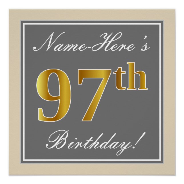 Elegant, Grey, Faux Gold 97th Birthday + Name Poster (Front)
