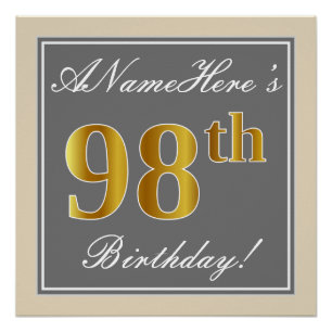 Elegant, Grey, Faux Gold 98th Birthday + Name Poster