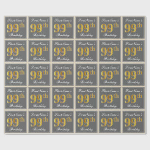 Elegant, Grey, Faux Gold 99th Birthday + Name Wrapping Paper