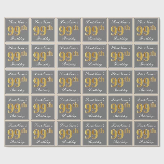 Elegant, Grey, Faux Gold 99th Birthday + Name Wrapping Paper (Flat)