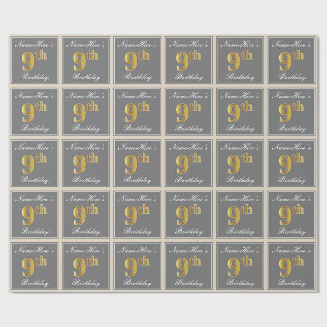 Elegant, Grey, Faux Gold 9th Birthday; Custom Name Wrapping Paper (Flat)