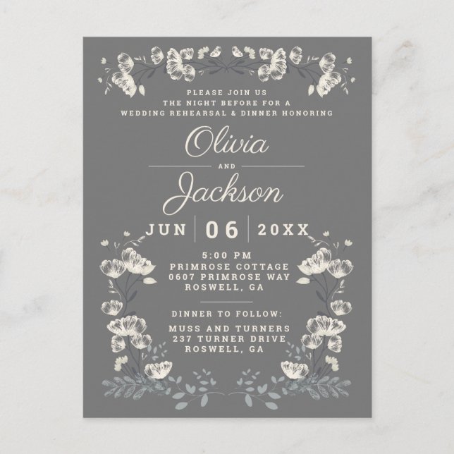 Elegant grey floral postcard rehearsal dinner (Front)