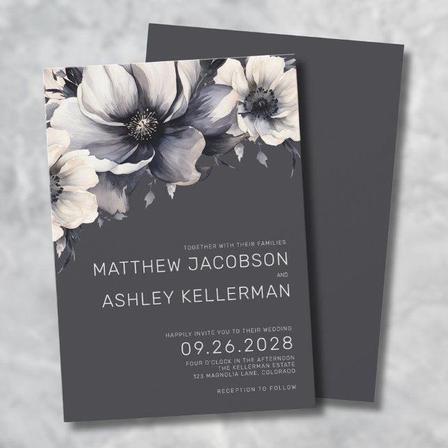 Elegant Grey Floral Wedding Invitation (Elegant Modern Gray Floral Wedding Invitation)
