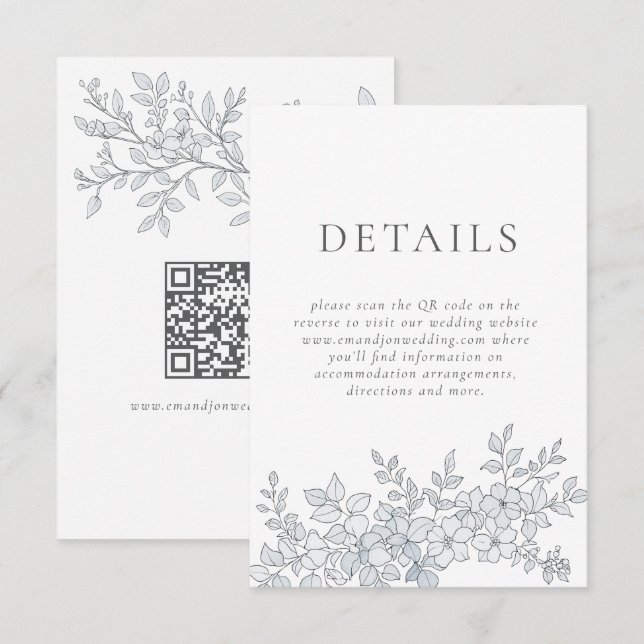 Elegant Grey Florals QR Code Wedding Details Enclosure Card (Front/Back)