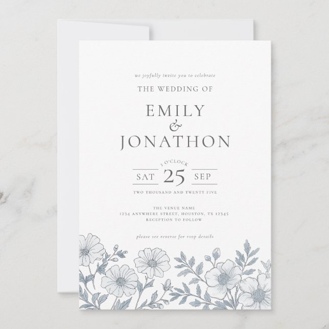 Elegant Grey Florals QR Code Wedding  Invitation (Front)