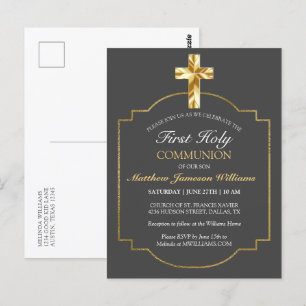 Elegant Grey Gold 1st Holy Communion Invitation Postcard