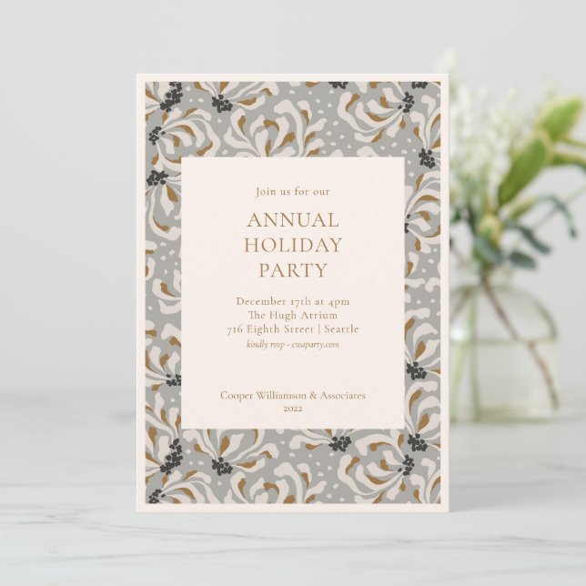 Elegant Grey Gold Botanical Office Holiday Party Invitation (Standing Front)