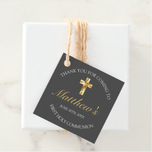 Elegant Grey Gold Cross First Communion  Favour Tags