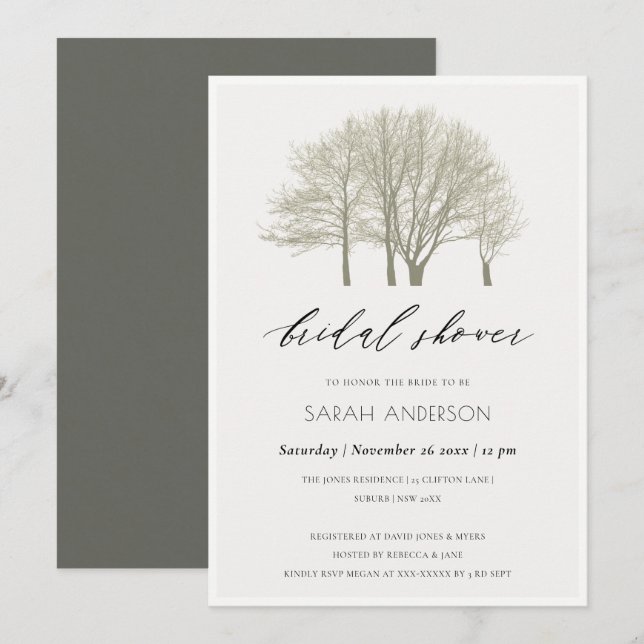 ELEGANT GREY GOLD FALL AUTUMN TREES  BRIDAL SHOWER INVITATION (Front/Back)