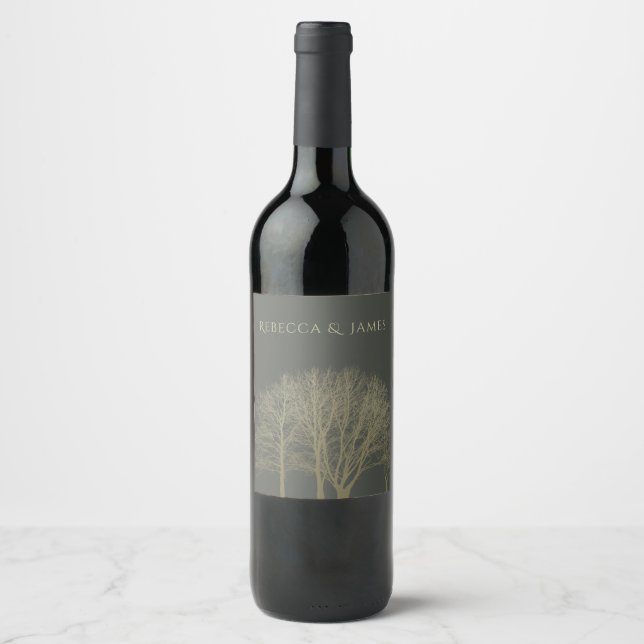 ELEGANT GREY GOLD FALL AUTUMN TREES MONOGRAM WINE LABEL (Front)