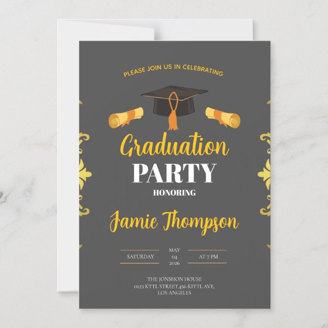 Elegant Grey & Gold Graduation Party Invitation (Recto)