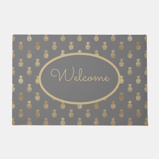 Elegant Grey & Gold Pineapple Personalized Doormat (Front)