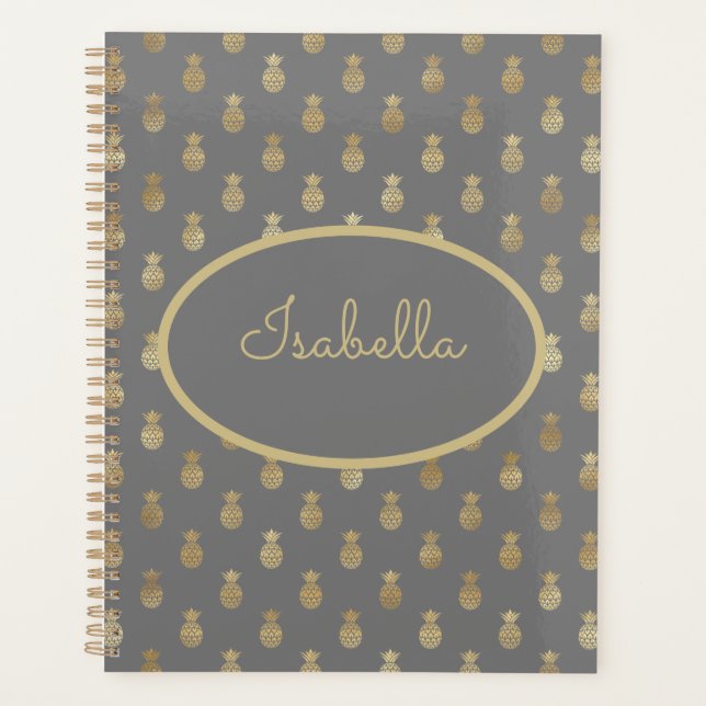 Elegant Grey & Gold Pineapple Personalized  Planner (Front)
