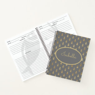 Elegant Grey & Gold Pineapple Personalized Recipe Notebook
