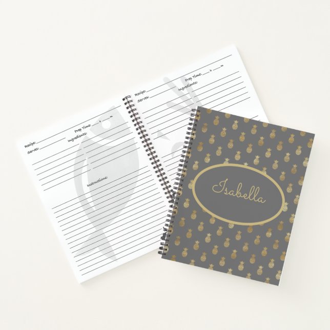Elegant Grey & Gold Pineapple Personalized Recipe Notebook (Inside)