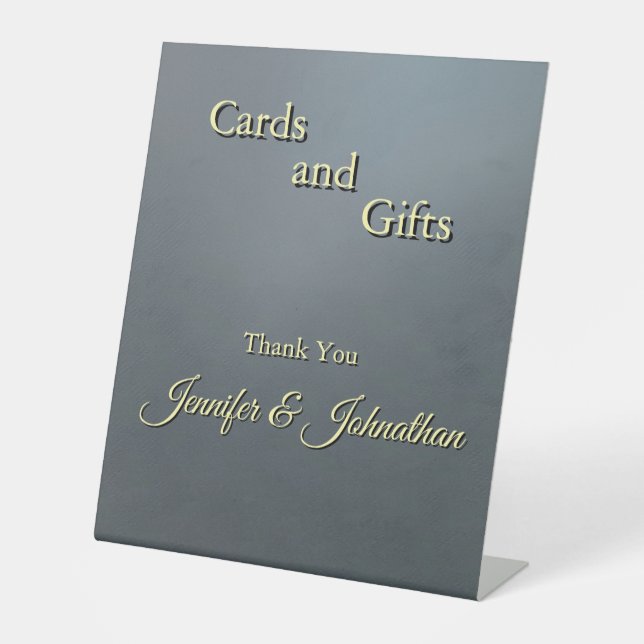 Elegant Grey Gold Script Customize Wedding Pedestal Sign (Front)