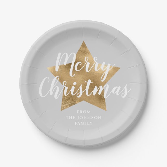 Elegant Grey Gold Star Merry Christmas Paper Plate (Front)