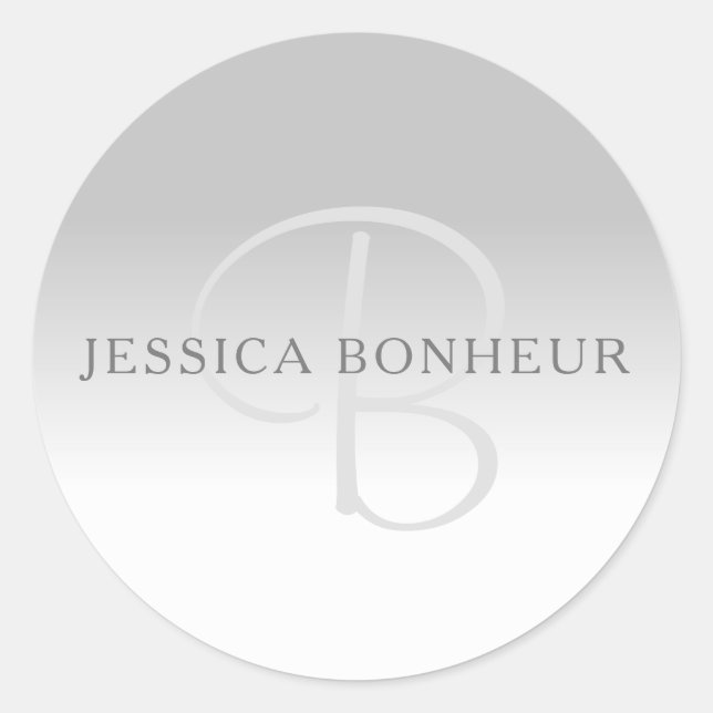 Elegant Grey Gradient Customizable Monogram Classic Round Sticker (Front)