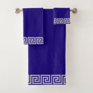 Elegant Grey Greek Frame Pattern on Navy Blue Bath Towel Set