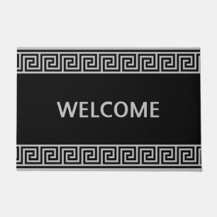 Elegant Grey Greek Pattern on Black Doormat