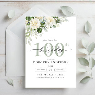 Elegant Grey Green Floral 100th Birthday Invitation