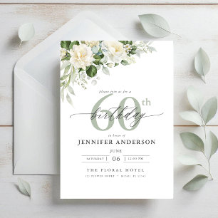 Elegant Grey Green Floral 60th Birthday Invitation