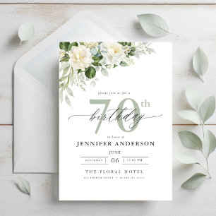 Elegant Grey Green Floral 70th Birthday Invitation