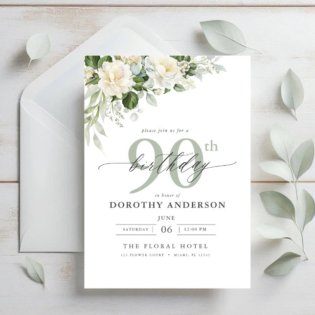 Elegant Grey Green Floral 90th Birthday Invitation (Creator Uploaded)
