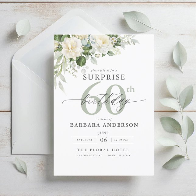 Elegant Grey Green Floral Surprise Birthday Invitation (Creator Uploaded)
