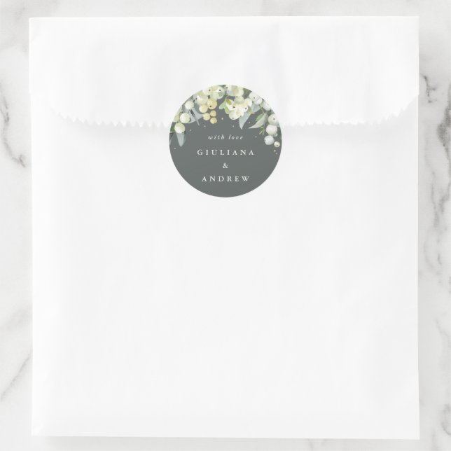 Elegant Grey Green Snowberry+Eucalyptus Wedding Classic Round Sticker (Bag)