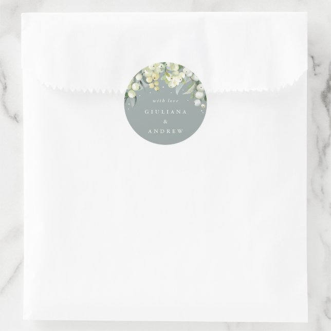 Elegant Grey Green Snowberry+Eucalyptus Wedding Classic Round Sticker (Bag)