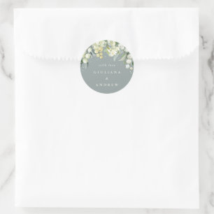 Elegant Grey Green Snowberry+Eucalyptus Wedding Classic Round Sticker