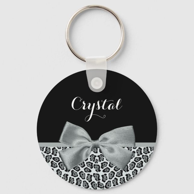 Elegant Grey Jaguar Print Pretty Name Silver Bow Keychain (Front)
