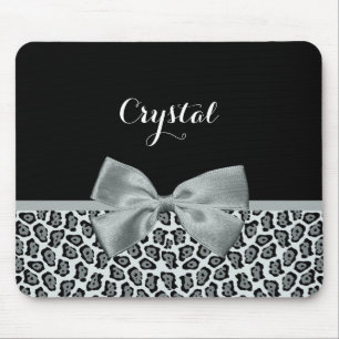 Elegant Grey Jaguar Print Pretty Name Silver Bow Mouse Pad