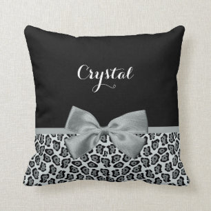 Elegant Grey Jaguar Print Pretty Name Silver Bow Throw Pillow