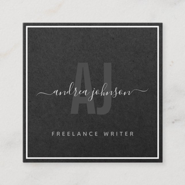 Elegant Grey Kraft Paper Freelance Writer Monogram Square Business Card (Front)