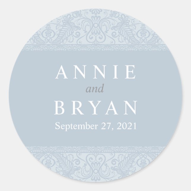 Elegant Grey Lace Wedding Classic Round Sticker (Front)