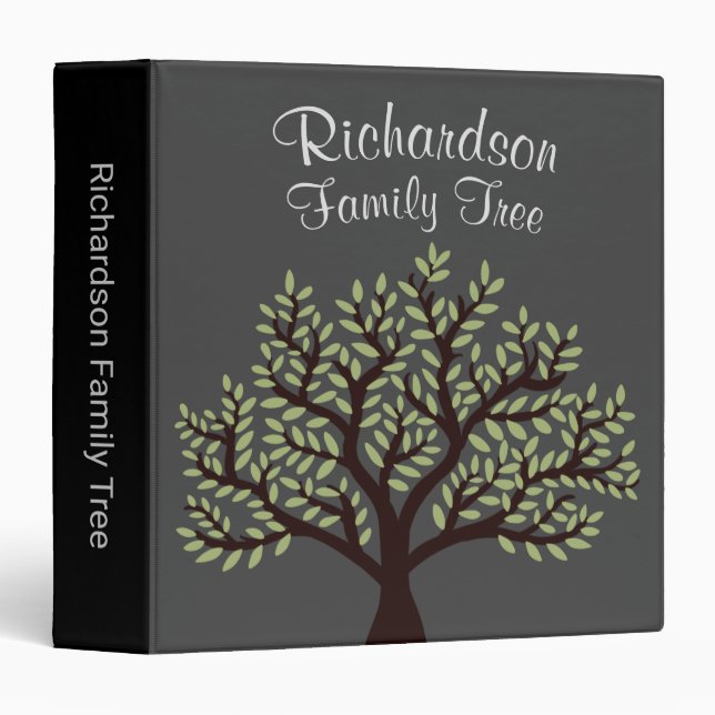 Elegant Grey & Leafy Green Family Tree Genealogy Binder (Front/Spine)