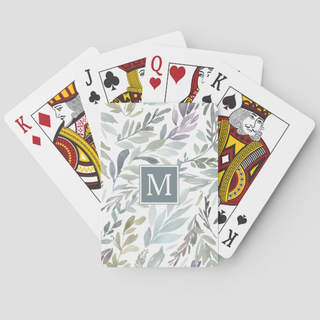 Elegant Grey Light Green Leaves Watercolor Playing Cards (Back)