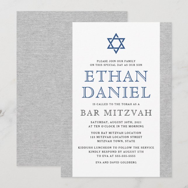 Elegant grey linen blue Star of David bar mitzvah Invitation (Front/Back)