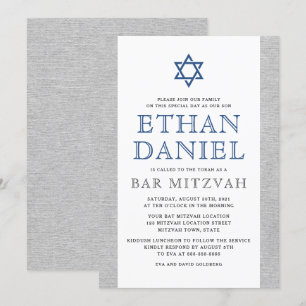 Elegant grey linen blue Star of David bar mitzvah Invitation