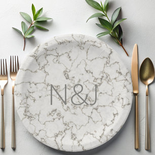 Elegant Grey Marble Modern Monogram Paper Plates