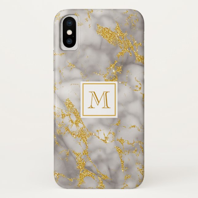 Elegant Grey Marble Monogram Faux Gold Glitter Case-Mate iPhone Case (Back)