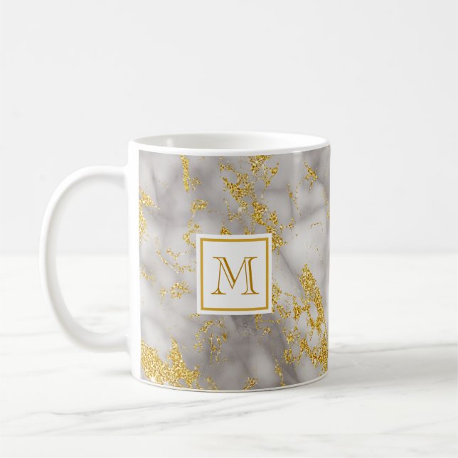 Elegant Grey Marble Monogram Faux Gold Glitter Coffee Mug (Left)