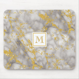 Elegant Grey Marble Monogram Faux Gold Glitter Mouse Pad