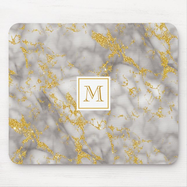 Elegant Grey Marble Monogram Faux Gold Glitter Mouse Pad (Front)