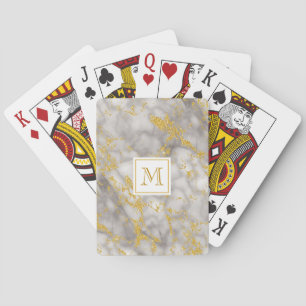 Elegant Grey Marble Monogram Faux Gold Glitter Playing Cards